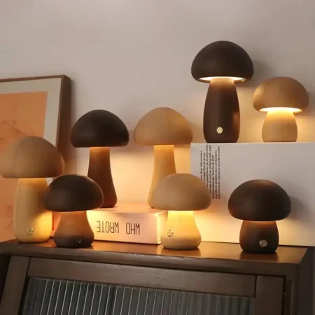 Ins Led Night Light With Touch Switch Wooden Cute Mushroom Bedside Table Lamp For Bedroom Childrens